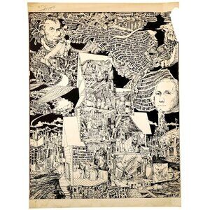1975 Bicentennial Print by Latrobische – Pen & Ink Collage of American Ideals
